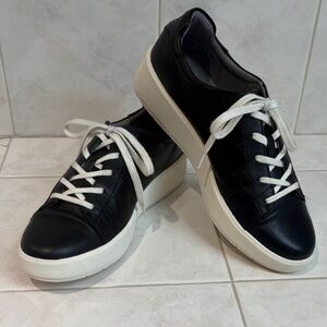 Clarks Black & White Lace-up Leather Sneakers with Bold White Platform Soles.